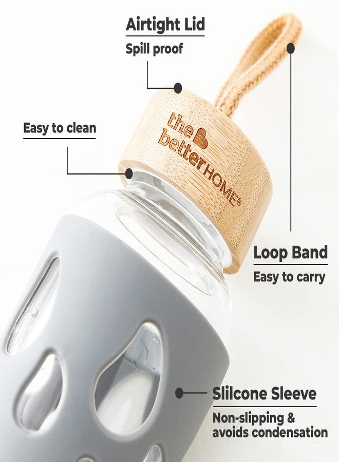 The Better Home زجاجة مياه من زجاج البوروسيليكات من ذا بيتر هوم مع غطاء (550 مل) | غطاء سيليكون مانع للانزلاق وغطاء من الخيزران | زجاجات مياه للثلاجة (عبوة من 3 زجاجات) - Image 4